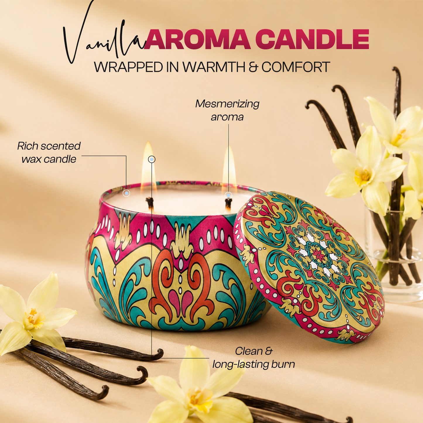 Soothing Vanilla Aroma Candle Tin Pack 120g