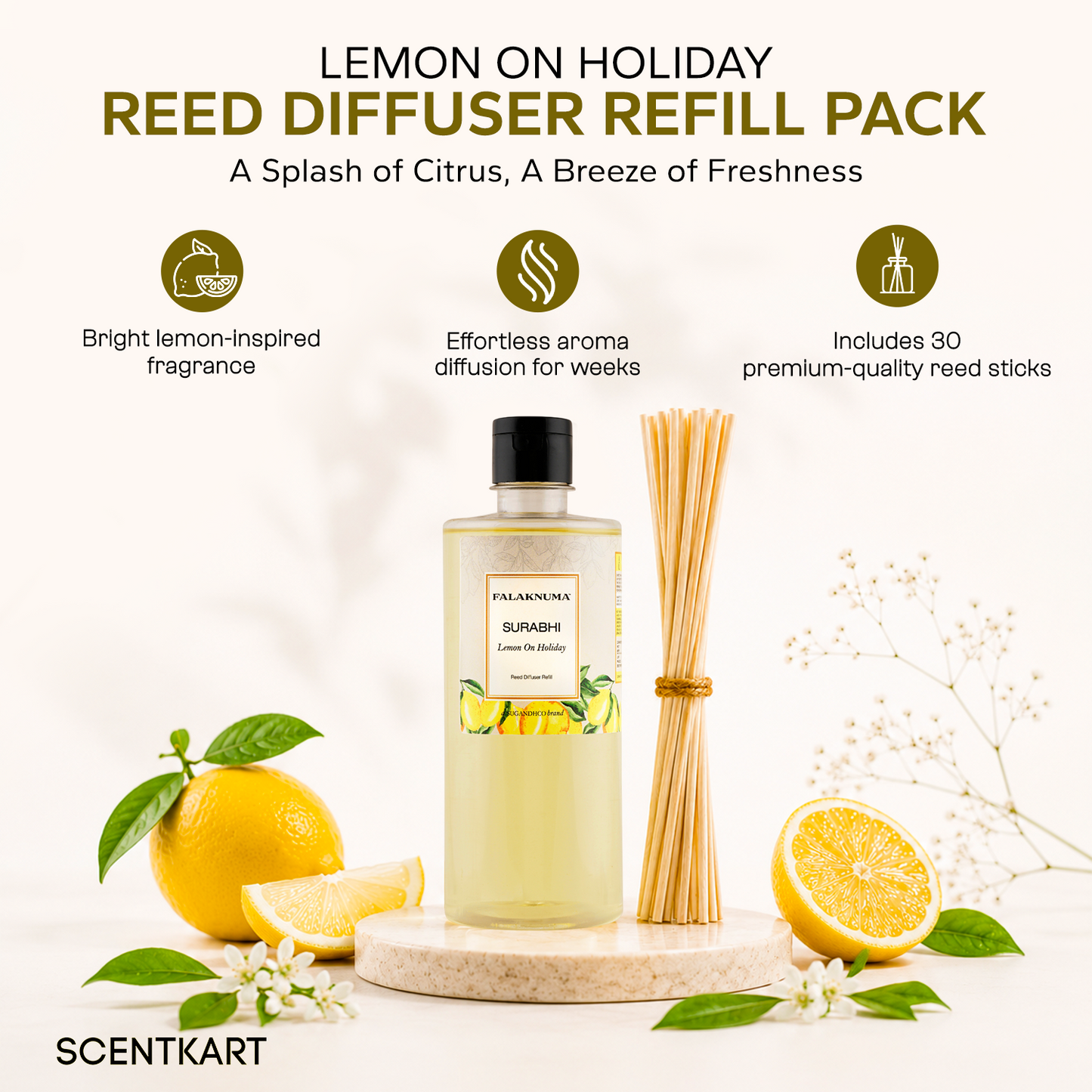 Surabhi Lemon on Holiday Refill Pack (with 30 Reed Sticks) 500ml